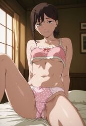 ai_generated bra breasts chainsaw_man higashiyama_kobeni kobeni_higashiyama legs_up lingerie looking looking_at_viewer miaau on_bed panties pink_bra pink_panties small_breasts sunlight