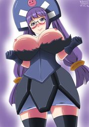 big_breasts breasts female gluko guuko mon_colle_knights nipples purple_eyes purple_hair solo torn_clothes xihone