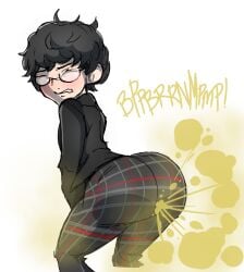 joker_(persona) persona persona_5 sega atlus zeeny xee xeenitsu 1boy 1boys solo solo_male black_hair glasses ren_amamiya akira_kurusu embarrassed embarrassed_male knees_bent bent_legs bent_knees ass ass_focus big_ass big_ass_(male) butt butt_focus big_butt fart fart_fetish fart_cloud farting male_fart male_only male_farting