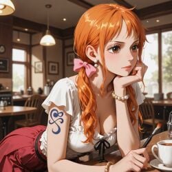 1girl ai_generated arm_tattoo bangle bead_bracelet beads black_ribbon blurry blurry_background bodypaint bow bracelet breasts brown_eyes cafe calligraphy_brush ceiling_light cleavage closed_mouth coffee collarbone cup earrings elbow_rest eyelashes female_only frills hair_bow hand_on_own_cheek hand_on_own_face head_rest holding holding_brush holding_paintbrush indoors jewelry large_breasts leaning_forward lips long_hair low_twintails medium_breasts nami_(one_piece) official_alternate_hairstyle one_piece onepiece orange_hair paintbrush pearl_bracelet pearl_earrings pink_bow pleated_skirt red_skirt restaurant ribbon saucer shirt short_sleeves shoulder_tattoo sitting skirt solo table tattoo teacup twintails white_shirt window