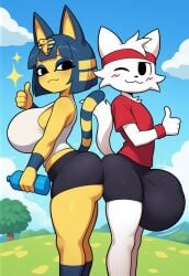 yasuhikonsfw animal_crossing nintendo ankha_(animal_crossing) ai_generated domestic_cat felid feline felis mammal hi_res anthro ass_to_ass balls big_balls big_breasts big_bulge bottomwear breasts bulge butt clothing cloud duo exercise female genitals gesture horizon huge_balls huge_breasts huge_bulge hyper hyper_balls hyper_bulge hyper_genitalia looking_at_another looking_back male one_eye_closed plant shirt shorts sweatband tail tank_top thumbs_up topwear tree water_bottle wink workout