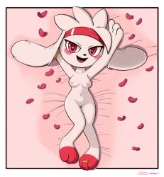 2024 3_fingers 3_toes accessory anthro bdsm black_nose breasts digit_ring feet female female_only fingers floppy_ears fur generation_8_pokemon genitals headband headband_only heart_pupils heart_symbol hi_res jewelry lagomorph lying mammal medium_breasts navel nintendo nipples nude nude_female on_back open_mouth open_smile paws pink_nipples pokemon pokemon_(species) pokemorph raboot red_eyes ring simple_background smile soles soles_the_raboot solo toe_ring toes toon_draw toon_pinups vulva white_body white_fur