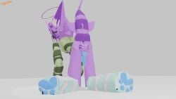 16:9 3d_(artwork) all_fours anthro anus aquatic balls blank_stare blender_(copyright) blue_paws blue_penis breasts butt butt_focus claws clothed clothing digital_media_(artwork) erection eyewear fantafur felid female fish footwear fur genitals glasses green_clothing green_topwear halo hi_res huge_ears hybrid intersex looking_at_viewer looking_back looking_back_at_viewer low_poly lychee_(fantafur) mammal medium_breasts pantherine pantsless penis pink_body pink_fur purple_balls purple_body purple_fur raised_tail shark shark_tail simple_background small_vulva socks stripes sweater tail tiger toe_claws topwear white_eyes widescreen x_anus