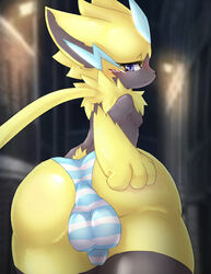 1boy blush bulge feline furry girly kemosara large_ass looking_back male male_only mammal nintendo panties penis_outline pokémon_(species) pokemon pokemon_usm red_eyes solo striped_panties testicles thick_thighs topless video_games wide_hips yellow_fur zeraora