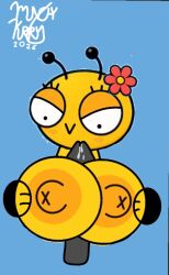 2d_(artwork) angry_eyes anthro bee big_breasts blue_background cum digital_drawing_(artwork) edit edited flower_in_hair gray_penis hand_on_breast insect looking_at_penis munchykirby1 no_ai orange_nipples original_character queen_bumble tagme unknown_copyright yellow_body