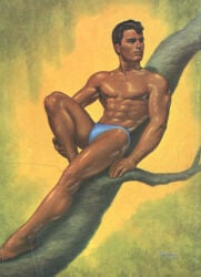 archived_source bulge fine_art george_quaintance hunk male male_only muscular nipples oiled oiled_skin original thong thong_underwear traditional_media year_request