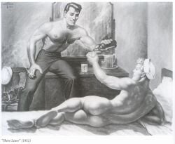 1952 2boys archived_source ass barefoot bed bedroom beer_bottle blonde_hair brunette_hair bulge cigarette dated gay george_quaintance historical history indoors male male_only monochrome muscular necklace nipples nude original photo_(medium) pouring sailor_hat sailor_uniform shirtless traditional_media yaoi