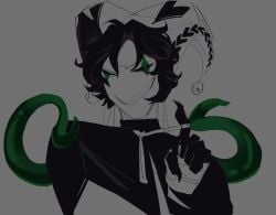 alinowoo harlequin_(the_freak_circus) monster_boy smirk smirking smirking_at_viewer solo_focus solo_male the_freak_circus undressed undressing_self