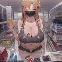 1girl 2026 2d absurd_res absurd_resolution absurdres ai_generated alternate_breast_size asuna_(sao) bare_shoulders bbc black_shorts blacked blush braid breasts brown_eyes brown_hair cellphone cleavage collarbone condom_box covered_nipples dolphin_shorts female female_only french_braid hi_res high_quality high_resolution highres holding holding_phone huge_breasts image indoors large_breasts long_hair looking_at_viewer mask mouth_mask navel netorare ntr patreon patreon_username phone queen_of_spades short_shorts shorts skindentation smartphone solo sports_bra standing stomach sword_art_online tattoo thighhighs thighs uncensured watermark white_thighhighs xdomikami yuuki_asuna