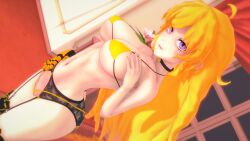 1girls 3d big_breasts blonde_hair blush bra breasts busty child_bearing_hips cleavage curvy female female_only garter_straps hand_on_chest hand_on_hip hi_res large_breasts legs logang45 long_hair looking_at_viewer navel open_mouth pose posing purple_eyes rwby seductive seductive_look seductive_smile sensual sexy sideboob smile solo sweat teeth thighs thong toned tongue voluptuous yang_xiao_long