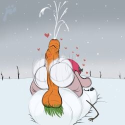 1:1 anthro beret big_penis bodily_fluids butt carrot carrot_penis clothing cum duo female food foreskin genital_fluids genitals hat headgear headwear heart_symbol hi_res hot_dogging huge_penis humanoid_genitalia humanoid_penis kiss_mark lagomorph leporid male male/female mammal penis plant rabbit rosianna_rabbit sex snowman sysdott vegetable white_body winter