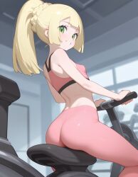 ai_generated biker_clothes blonde_female green_eyes gym_clothes heavenly_ass leggings lillie_(pokemon) pokemon sexy_pose slutty_female small_ass