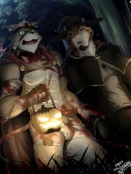 2017 anthro canine clothed clothing duo fangs feline hat male male_only mammal muscular muscular_male nipples open_mouth skarltano tiger