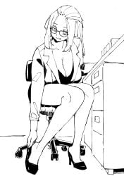 1girl :q adjusting_clothes adjusting_shoe bangs_pinned_back breasts breasts_on_lap cleavage female female_only folded_hair glasses greyscale hair_pulled_back hanging_breasts highres huge_breasts indoors inne_sulistya_robin jacket monochrome pencil_skirt sitting skirt source_request tongue tongue_out