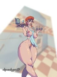 red_hair bushy_pubes red_pubic_hair milf housewife apron apron_only big_breasts big_ass big_hips short_hair 1girls looking_at_viewer horny black_eyes walking_towards_viewer walking carrying dexter's_laboratory dexter's_mom ibispaintx soft_breasts soft_lines background kitchen house