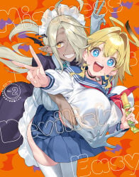 2girls ahoge ami_(kanan-sama) blonde_hair blu-ray_cover blue_eyes blue_sailor_collar blue_skirt breasts commentary_request copyright_name cover food gloves grey_gloves grin hair_intakes hair_over_one_eye halo_ahoge highres holding holding_food huge_ahoge jeanne_(kanan-sama) kanan-sama_wa_akumade_choroi large_breasts maid maid_headdress multiple_girls neckerchief nonco open_mouth orange_background outstretched_arm pleated_skirt red_neckerchief sailor_collar school_uniform second-party_source serafuku shirt skirt smile teeth thighhighs umaibou upper_teeth_only white_shirt white_thighhighs yellow_eyes