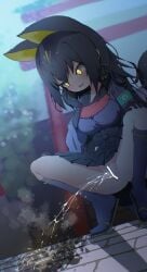 1girl absurdres animal_ears artist_request bar_censor black_hair breasts censored commentary_request extra_ears female female_only highres kemono_friends kuroinarisama_(kemono_friends) long_hair luichan medium_breasts no_panties outdoors paid_reward_available pee peeing skirt solo spread_legs squatting torii yellow_eyes