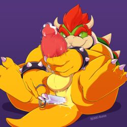 1boy anal anal_sex animal_genitalia animal_penis anthro anus balls bowser bracelet bunnyonthefence claws controller eyebrows feet game_controller gay hair half-closed_eyes horn improvised_sex_toy jewelry koopa lying male male_only mario_(series) masturbation nikkibunn nintendo nude on_back penetration penile_masturbation penis pink_penis precum purple_background red_eyes red_hair safety scalie simple_background smile solo spiked_bracelet spiked_shell spikes squeezing testicles toe_claws video_games wii wii_remote yellow_skin