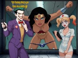 1boy 2girls ai ai_generated batman_(series) breasts_out captured conjugal_slavery dc_comics dcau diana_prince harleen_quinzel harley_quinn joker justice_league pants_down prisoner tiara wonder_woman wonder_woman_(series)