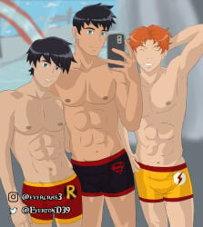 abs batman_(series) conner_kent dc dc_comics dick_grayson evercras holding_phone imminent_threesome kid_flash male_only posing robin_(dc) selfie showing_off smile superboy superman_(series) the_flash_(series) throuple underwear wally_west young_justice