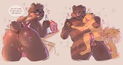 after_anal angus_delaney anthro anus balls bear blush bodily_fluids body_blush butt butt_blush cake canid canine canon_couple colored cuddling cum cum_in_ass cum_inside dessert digital_drawing_(artwork) digital_media_(artwork) duo english_text erection eyewear food fox gay gay_male genital_fluids genitals glasses gregg_lee hand_holding heart_symbol hi_res holding_object hug humanoid_genitalia humanoid_penis leaking_cum lying_on_another male male/male mammal night_in_the_woods penis pink_anus question question_mark round_glasses sadmishutka_(artist) shaded size_difference smile talking_to_viewer text yaoi