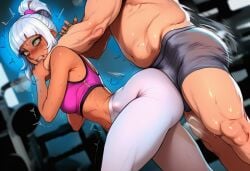 1girls ai ai_assisted ai_generated brat crop_top gym gym_bottomwear gym_clothes gym_topwear league_of_legends leggings panties pink_panties ponytail prussia123 qiyana_yunalai short_hair sleeveless tan_body tan_skin tight tight_clothing white_hair white_leggings imminent_rape imminent_sex ugly_bastard ugly_man fat_male 1boy dry_humping bulge choke_hold ryona