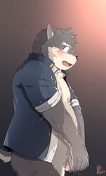 anthro balls black_nose blush bottomless canine clothed clothing covering covering_self cute_fangs eye_scar m_ikky male male_only mammal moritaka nipples open_mouth precum scar slightly_chubby solo standing tears tokyo_afterschool_summoners