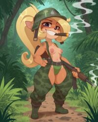 activision ai_generated anthro areola armor blonde_hair boots breasts cigar clothing coco_bandicoot crash_bandicoot_(series) detailed_background female footwear forest grass hair headgear helmet hi_res huffslove long_hair mammal marsupial nipples plant smile smoking solo tree weapon
