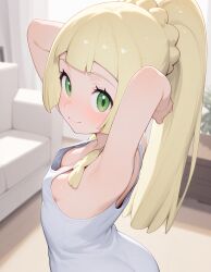 ai_generated blonde_female focus_on_chest green_eyes lillie_(pokemon) long_hair pokemon sexy_pose slutty_female small_breasts