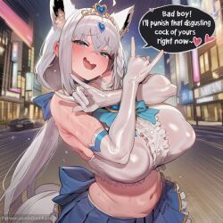 shirakami_fubuki hololive blacked bbc 2d absurdres absurd_resolution absurd_res highres high_resolution high_quality hi_res patreon watermark uncensured image 2026 ai_generated xdomikami 1girl solo long_hair breasts looking_at_viewer blush smile open_mouth large_breasts skirt gloves bow navel animal_ears hair_between_eyes bare_shoulders tail white_hair ahoge braid sidelocks heart outdoors sweat frills virtual_youtuber elbow_gloves midriff white_gloves english_text speech_bubble huge_breasts animal_ear_fluff aqua_eyes covered_nipples blue_skirt fox_ears blue_bow fox_tail fox_girl tiara extra_ears patreon_username alternate_breast_size fox_shadow_puppet double_fox_shadow_puppet