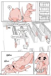 2:3 ambiguous_gender anthro antlers balls blush bodily_fluids bovid breasts canid canine caprine carrie_(ombwie) choker choker_only comic cum cumshot deer dialogue digital_media_(artwork) ejaculation embarrassed english_text erection exhibitionism female fox genital_fluids genitals goat grocery_store group gynomorph hair hi_res horn intersex jewelry lila_(ombwie) mammal necklace necklace_only nervous nude ombwie open_mouth orgasm penis public rodent sciurid speech_bubble text val_(ombwie)