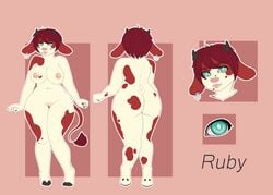 ass big_breasts bovine breasts cattle female furry hair hi_res hooves horn horns looking_at_viewer mammal model_sheet nails nipples nude pussy red_hair shazzi short_hair slightly_chubby smile