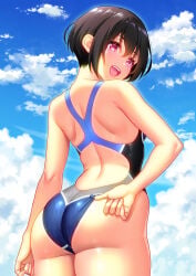 1girl adjusting_clothes adjusting_swimsuit ass back back_focus black_hair blue_one-piece_swimsuit blue_sky cloud commentary_request competition_swimsuit highleg highleg_one-piece_swimsuit highres kuri_(kurigohan) multicolored_swimsuit one-piece_swimsuit open_mouth original racerback red_eyes short_hair sky solo standing swimsuit teeth upper_teeth_only