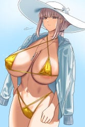 1girl 1girls alternate_outfit areola_slip bare_shoulders beautiful_woman big_breasts bikini braid braided_ponytail breasts cleavage commentary_request covered_erect_nipples disinterested emotionless emotionless_female fate/grand_order fate_(series) female female_only florence_nightingale_(fate) folded_ponytail gachou gold_bikini hat huge_breasts indifferent large_breasts light-skinned_female long_hair looking_at_viewer low_resolution mature_woman navel pink_hair red_eyes shirt shirt_on_shoulders solo summer sun_hat swimsuit thighs uncaring uncaring_female uninterested uninterested_female white_hat white_shirt