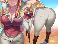 1girls ass bent_over big_breasts blonde_hair boots breasts brown_boots busty cleavage dat_ass denim_jeans female female_only glasses glasses_on_head huge_ass huge_breasts melissa_shield my_hero_academia my_hero_academia:_two_heroes necktie obui pawg presenting_hindquarters red_shirt smile solo thighs voluptuous