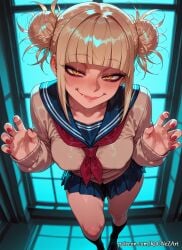 1girl 2026 ai_generated anime bags_under_eyes bangs black_socks blonde_hair blue_sailor_collar blue_skirt blunt_bangs blush boku_no_hero_academia boobs breasts cardigan claw_pose cleavage covered_nipples crossover double_bun eye_contact eyeliner fang fangs female female_focus female_only flushed from_above hair_bun highres himiko_toga indoors inside kneehighs long_sleeves looking_at_viewer medium_breasts messy_hair my_hero_academia nail_polish narrowed_eyes neckerchief nsfw patreon patreon_username pleated_skirt red_nails red_neckerchief rognezart sailor_collar school_uniform serafuku sidelocks skirt smile smiling socks solo standing toga_himiko window yellow_eyes