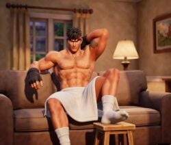 3d abs bara best_quality_couch bodybuilder bulging_muscles calf_muscles capcom chest detailed_background dilf erection facial_scar fingerless_gloves glistening hands_behind_head handsome highres hunk indoors lamp large looking_at_viewer manly masculine muscle muscular muscular_legs muscular_male nipples nude oiled pecs penis realistic red_headband ryu_(street_fighter) scar sharp_eyes sitting skin socks solo_male spiky_hair street_fighter strong sweat thick_thighs veiny white wooden_floor