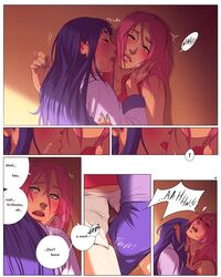 2girls comic dark_blue_hair english_text female female_only green_eyes hyuuga_hinata kissing_neck moaning multiple_girls naruto naruto_shippuden pink_hair sakura_haruno slj text white_eyes yuri