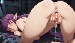 1girls after_sex after_vaginal ai_generated all_fours anus artist_name artist_signature ass bangs blush breasts cum cum_in_ass cum_in_pussy cum_on_ass cum_on_body cum_pool cumdrip elf esil_radiru female female_only hi_res high_resolution highres kurutai long_hair looking_at_viewer navel nude pointy_ears purple_hair pussy red_eyes solo solo_leveling spread_pussy subscribestar subscribestar_username sweat top-down_bottom-up uncensored