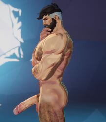 game_mod nude_mod marvel marvel_rivals reed_richards_(marvel_rivals) mr_fantastic_(marvel_rivals) hairy_male male_focus hairy_ass solo gay shuajo25 showing_off completely_nude ass big_penis erection side_view standing