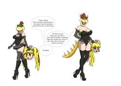 ass big_breasts blonde_hair bodysuit bowser bowser_jr. bowsette bowsette_jr. breasts cleavage disguise disguised_male elbow_gloves father_and_son female female_skinsuit fingerless_gloves full_body high_heel_boots high_heels horns huge_breasts knee_boots lipstick male male_head/female_body male_in_female_body mario_(series) mask mask_removed multicolored_hair new_super_mario_bros._u_deluxe parent_and_child perfect_disguise red_hair skinsuit skirt speech_bubble super_mario_bros. tail thick_thighs thigh_boots thighhigh_boots thighhighs twilight_jester twintails what wink