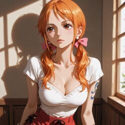 1girl, ai_generated arm_tattoo, bandaid, bangle, bow, bracelet, breasts, brown_eyes, cleavage, closed_mouth, collarbone, day, earrings, eyelashes, female female_only hair_bow, hair_over_shoulder, indoors, jewelry, large_breasts, light_particles, lips, long_hair, looking_to_the_side, low_twintails, medium_breasts, nami_(one_piece) one one_piece onepiece orange_hair, parted_bangs, pearl_earrings, pink_bow, red_skirt, ribbon, scoop_neck shadow, shirt, shirt_tucked_in, short_sleeves, shoulder_tattoo, skirt, solo, sunlight, tattoo, twintails, upper_body, white_shirt, window, window_shade,
