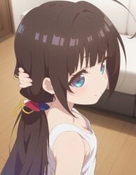 ai_generated blue_eyes brown_hair flat_chest focus_on_chest hinatsuru_ai long_hair sexy_pose slutty_female small_breasts