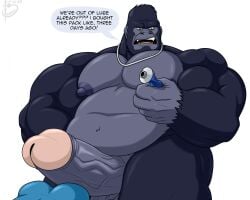 2025 anthro ape bayron_(artist) bent_over biceps big_penis black_body black_fur blue_body blue_fur butt dialogue duo english_text erection fur genitals glans gorilla haplorhine hi_res huge_penis male male/male mammal muscular muscular_male navel penis primate simple_background text vein veiny_penis white_background