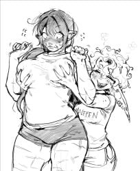 2girls 8000wildstar blushing_female dolphin_shorts elf_female fondling_breast grabbing_breasts grabbing_from_behind mythological_creature orc_female questionable_consent shocked_expression shortstack