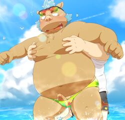 2018 anthro belly blush boar brown_fur bulge clothing duo eyewear fur gouryou humanoid_hands male male_only mammal mohawk moobs navel nipples overweight overweight_male penis penta002 porcine speedo sunglasses swimsuit tokyo_afterschool_summoners tusks water