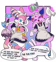 3_claws anthro batruse bracelet broom claws cleaning_tool clothed clothing crossdressing dialogue_box duo eeveelution english_text erection erection_under_clothing espeon fan_character fur generation_2_pokemon generation_6_pokemon jewelry laugh lukos_wolf magic maid_headdress maid_uniform male nintendo pink_body pink_fur pokemon pokemon_(species) simple_background speech_bubble sylveon text uniform watering_can