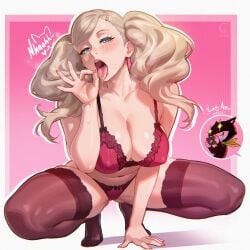 persona persona_5 ann_takamaki morgana_(persona) female female_focus blonde_hair blonde_female lingerie blowjob_gesture squatting large_breasts blue_eyes twintails windmill_(artist)