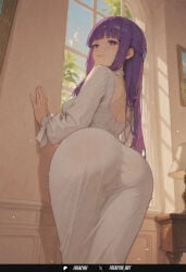 1girl ai_generated ass ass_focus back bangs blunt_bangs blush breasts closed_mouth dress female female_only fern_(sousou_no_frieren) frenzyai from_behind indoors long_hair long_sleeves looking_at_viewer looking_back pantylines purple_eyes purple_hair smile solo sousou_no_frieren standing white_dress window