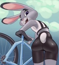 back_view bicycle bike_shorts bra clothing disney dutch_angle female flat_chest furry hotpants judy_hopps looking_back saran-rape solo sports_bra zootopia